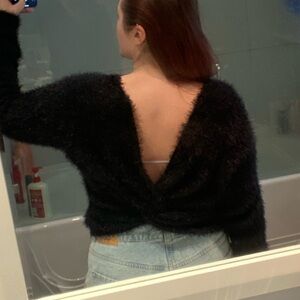 Love Tree Black Fuzzy Knot Back Sweater